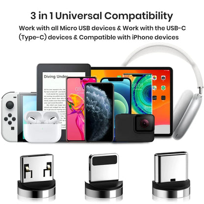 USB Magnetic Charging Cable, 3 in 1 Charger 3A Fast Charging Cable Support Data Transfer Magnetic Charger Cable for USB C/Micro