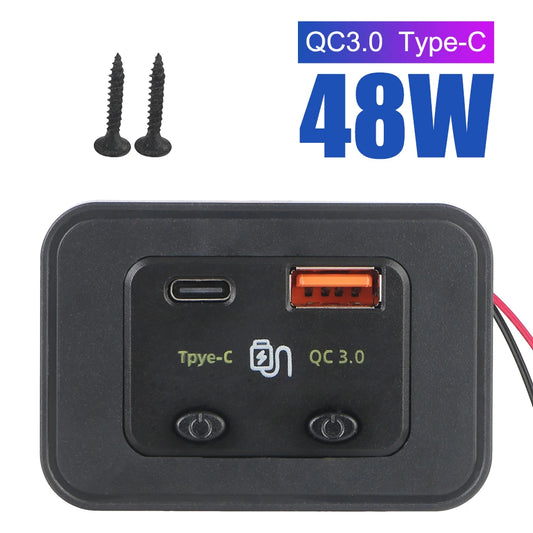 12V/24V Car Fast Charger Type C + QC3.0 USB A Port for Car RV RV Home Camper Caravans LED Light Phone Charger Auto Adapter