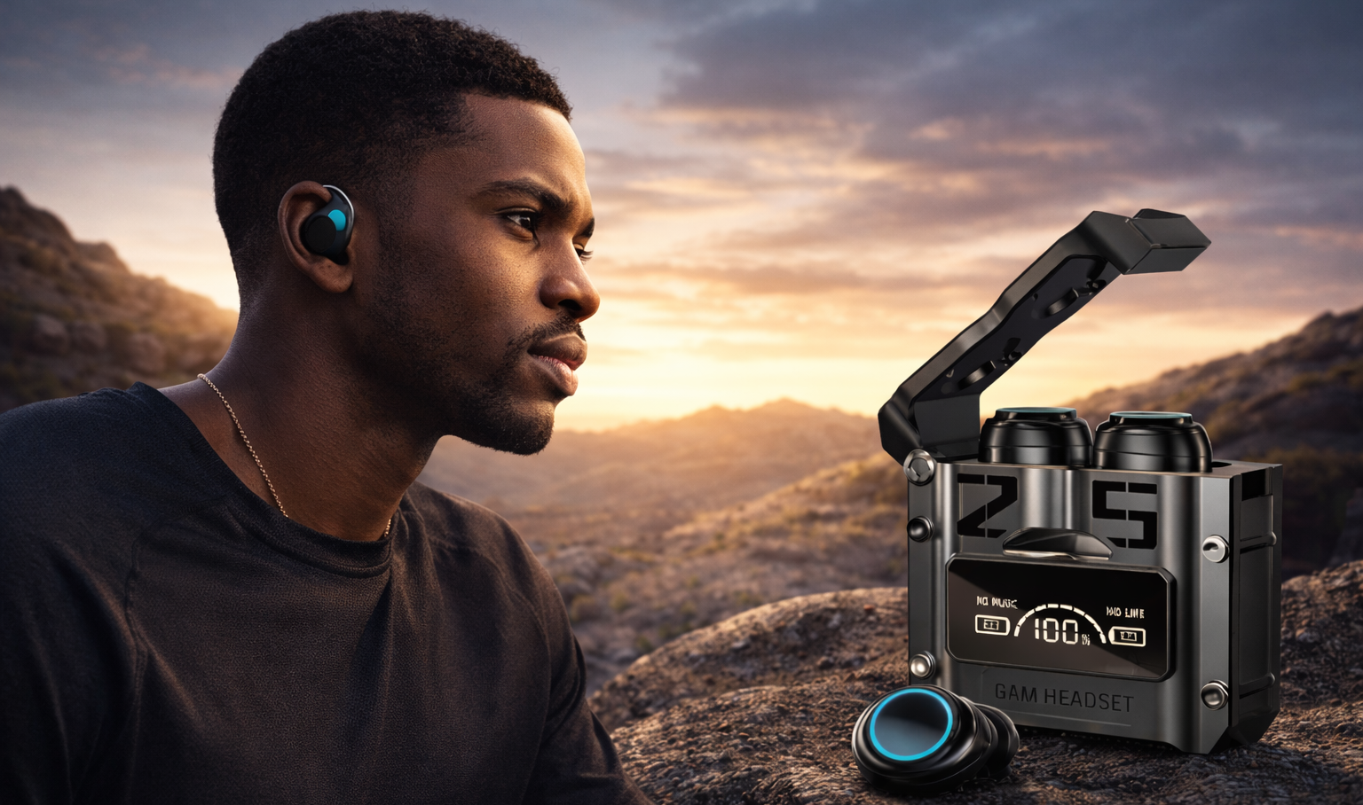 Man wearing earbuds with a device on a mountain landscape